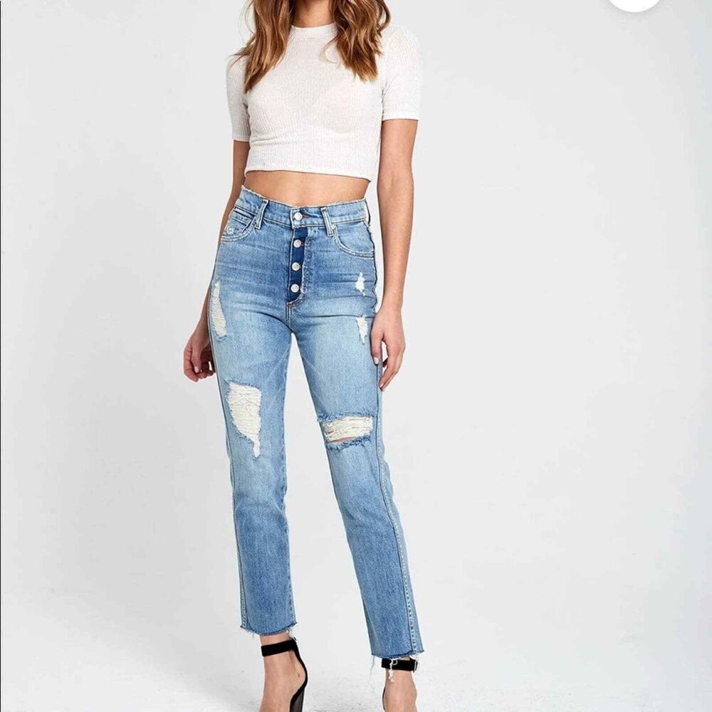 REVICE Jeans Womens 26 Dream Fit Sweet Monday Wash Straight Leg Button Ripped